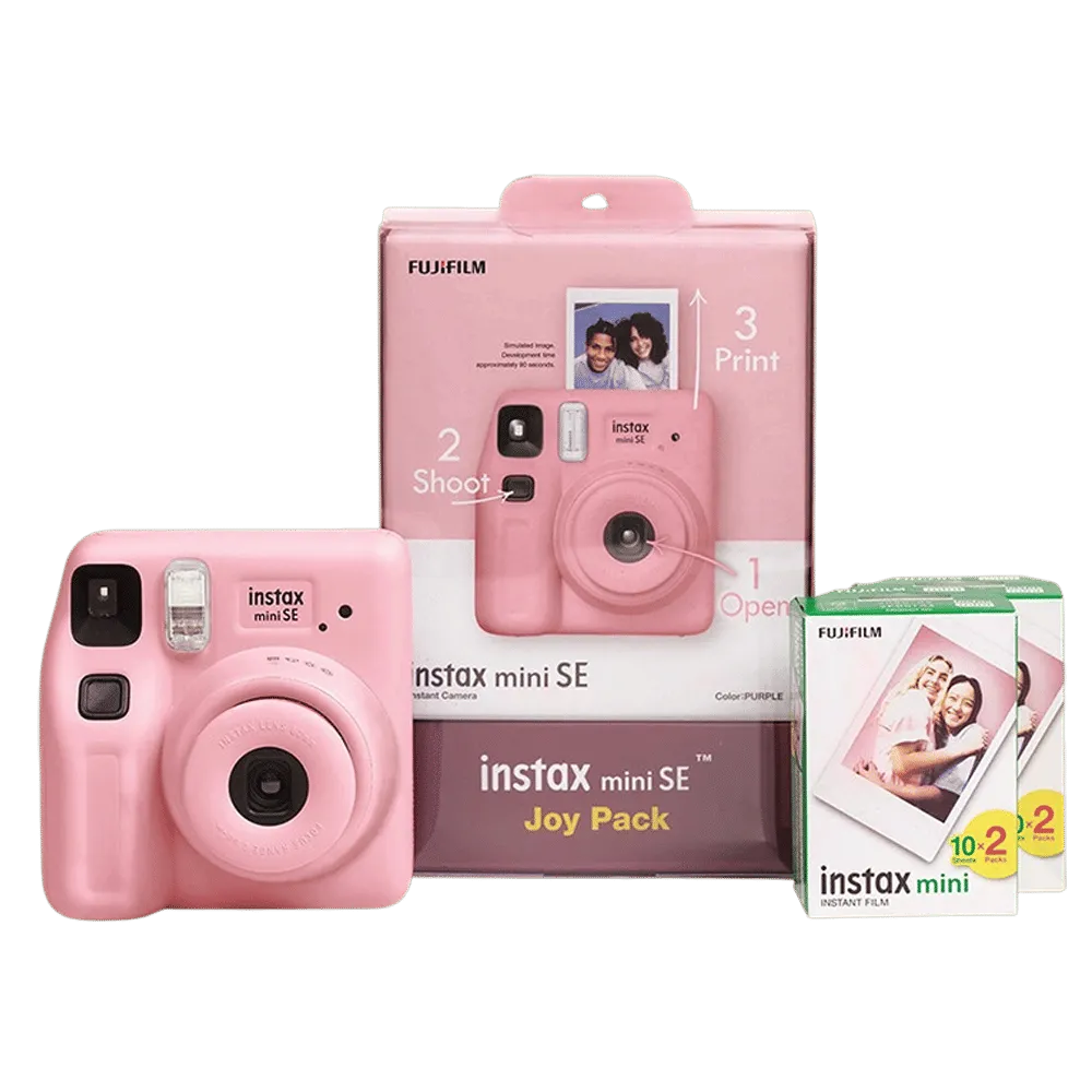 Pink Fujifilm Instax Mini SE Joy Pack instant camera for instant photo printing